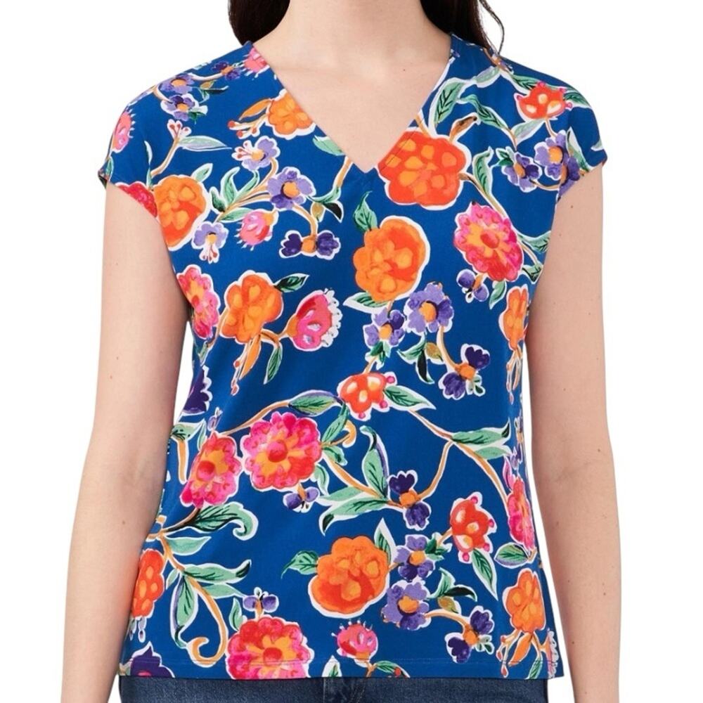Vince Camuto Floral Top Sze M Cobalt Blue Orange Cap Sleeve Stretch Jersey Knit
